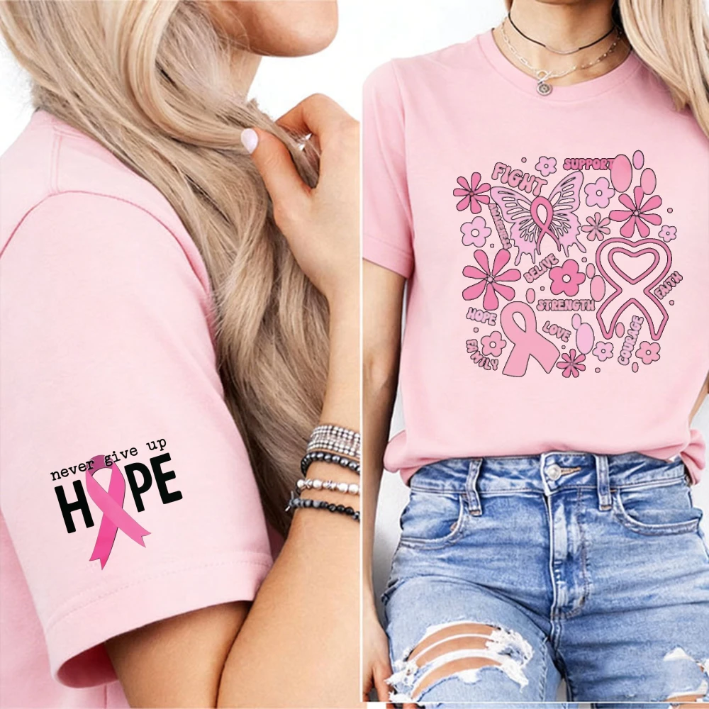 Breast Cancer Awareness Doodle Art Pattern Women T-Shirt Never Give Up Hope Cuff Print Pink Ribbon Survivor Ladies Casual Tees
