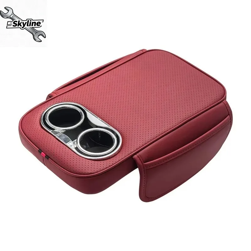 Leather Car Center Console Armrest Cushion with 2 Cup Holders And Side Pocket Auto Heightened Pad Car Armrest Cover