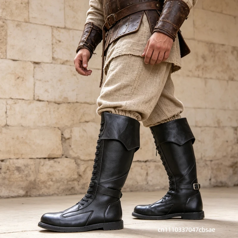 Retro Fantasy Adventurer Knee High Tall Boots Renaissance Pirate Halloween Cosplay Shoe Faux Leather Knight Warrior Cosplay Boot