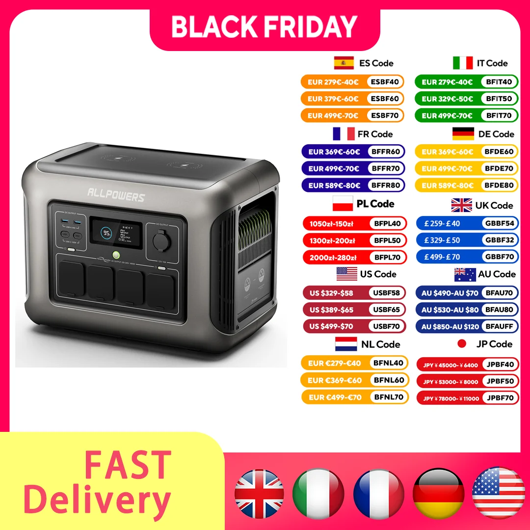 ALLPOWERS R1500 Hordozható Erőmű 1152 Wh LiFePO4 Akkumulátorral 1800 W (3000 W Csúcs) AC Kimenettel Napelemes Generátor Kerti Partikhoz