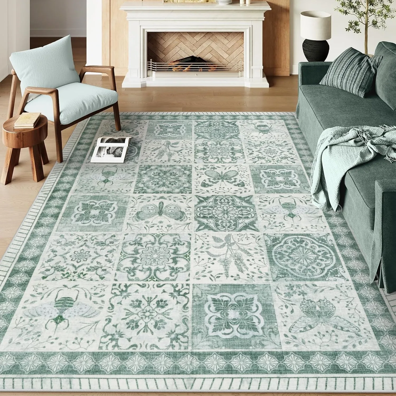 

Living Room Carpet Green Machine Washable Bedroom Floor Mat Home Decor Non Slip Soft Low Pile Vintage Home Office Rug 거실 카펫