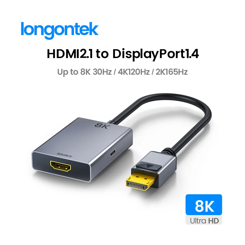 Longontek 8K HDMI2.1 to DisplayPort1.4 Adapter Cable HDMI to DP Cable 8K30 4K120 2K165 HDR For PS5/4 XBOX Apple TV LG Monitor