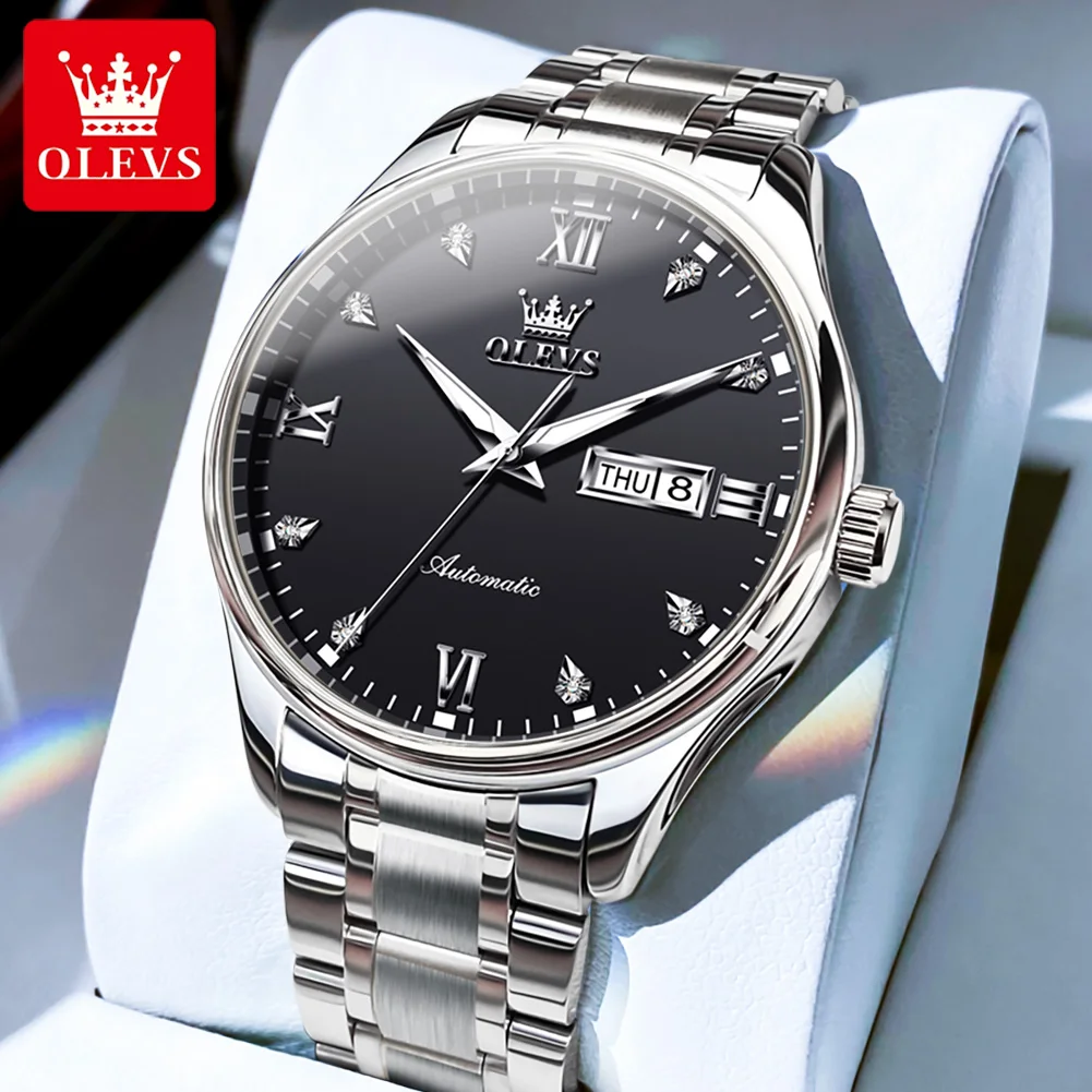 

OLEVS-Men's Minimalist Classic Mechanical Watch, Stainless Steel Waterproof Luminous Dual Calendar Automatic Business Man Watch