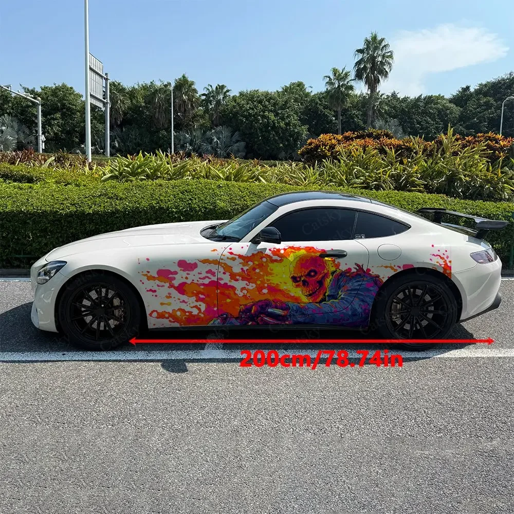 2pcs Orange Splatter Color Skeleton Car Side Wrap, Self-Adhesive PVC Waterproof & Scratch-Resistant Stickers, Car Accessory Gift
