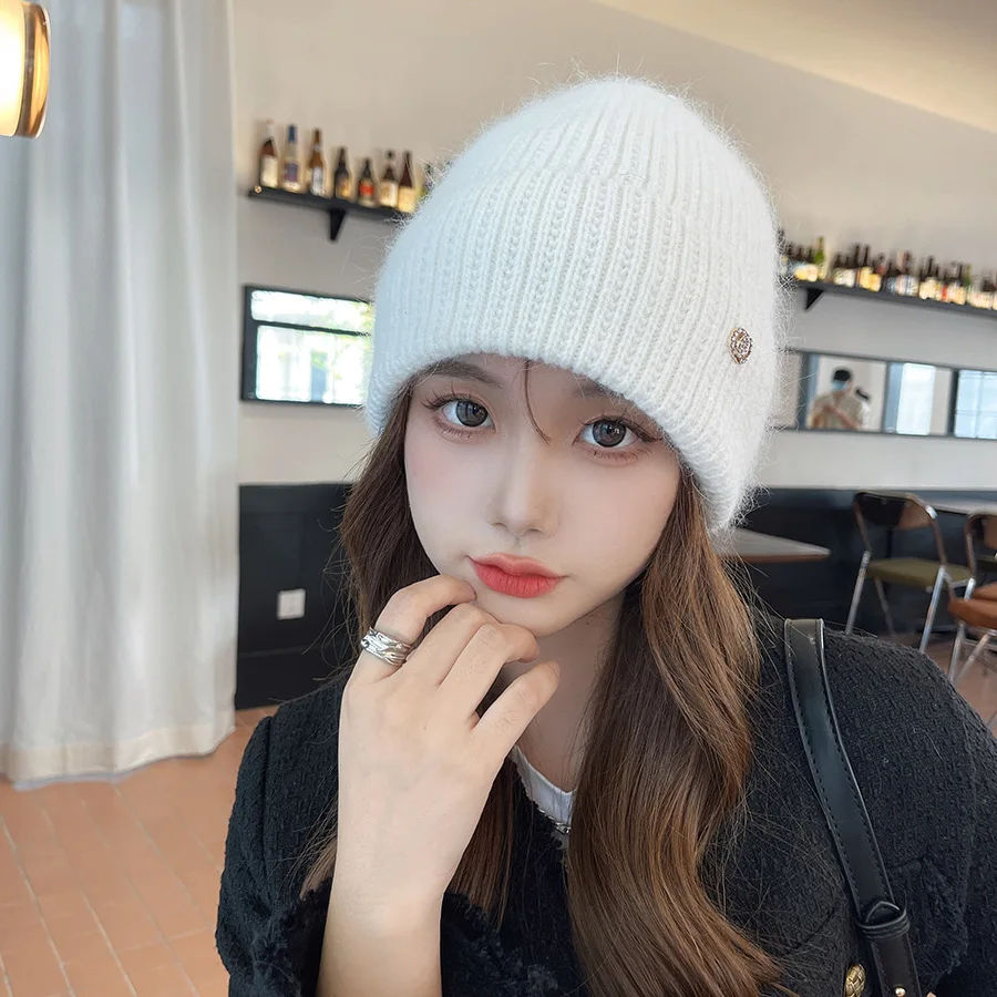 Versatile Casual Solid Colour Padded Rabbit Hair Hat Female Rolled Edge Shiny Ear Protection Knitted Hat Ski Riding Warm Winter