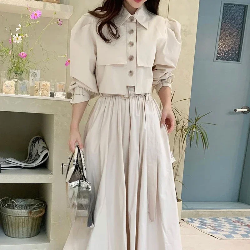 Korean Fashion Matching Sets Puff Sleeve Button Short Blouses High Waist Pleated Long Skirts Solid Color Design Women\'s Clothing