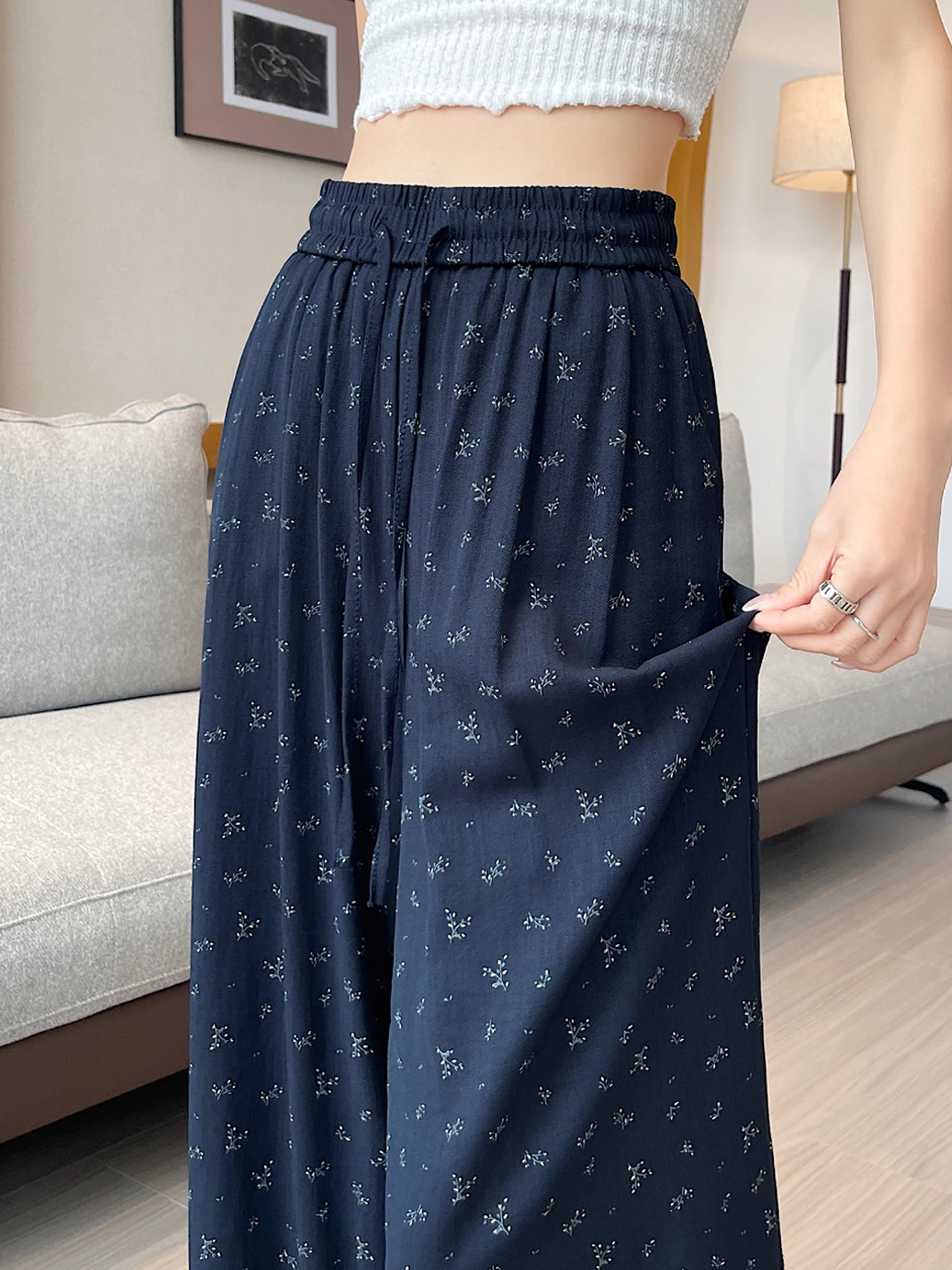 

High Waist Wide Leg Pants Floral Print Cotton Linen Ice Silk Straight Cut Drapey Long Summer Thin Pants Slimming Loose Fit