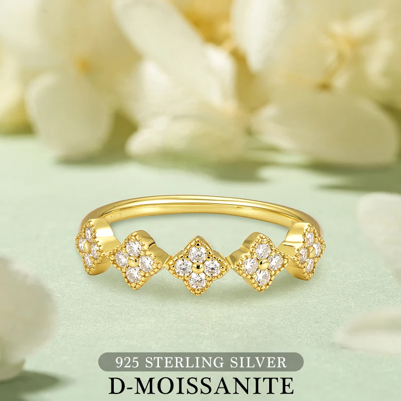 

Real 100% 925 Sterling Silver Nature Band Ring D0.30CTTW 1.5mm Full Moissanite Women Four-Leaf Clover Ring Birthday Jewelry Gift