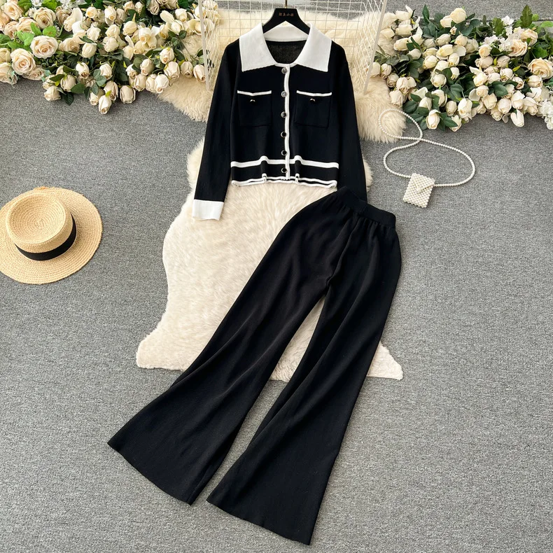 Fashion Knitted Pants Autumn and Winter Long-sleeved Sweater Top + High-waisted Wide-leg Pants Two-piece Set