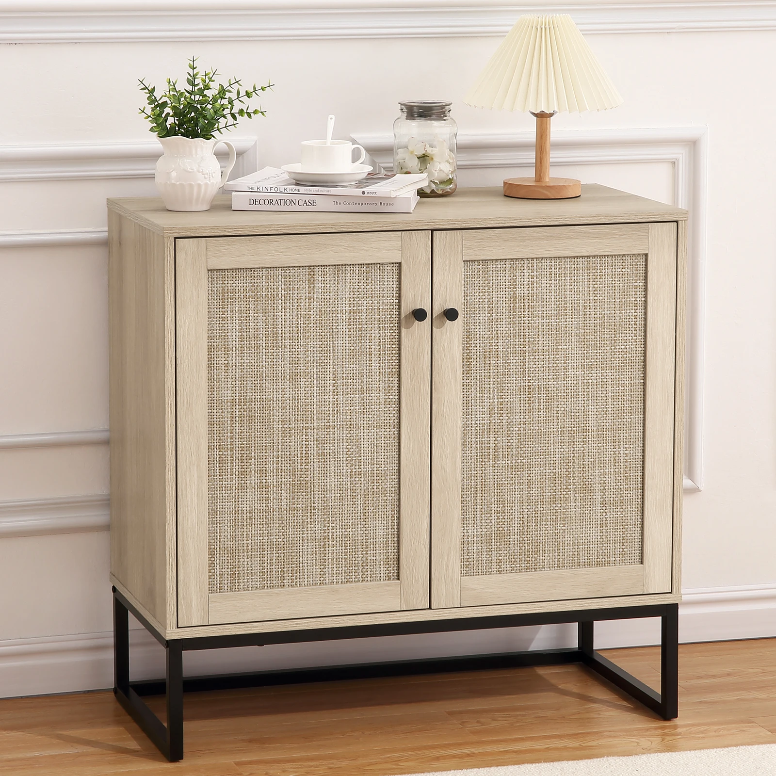 Sideboard Buffet Cabinet with 2 Rattan Doors,Farmhouse Console Table with Storage,Entryway Accent Table Kitchen Cupboard