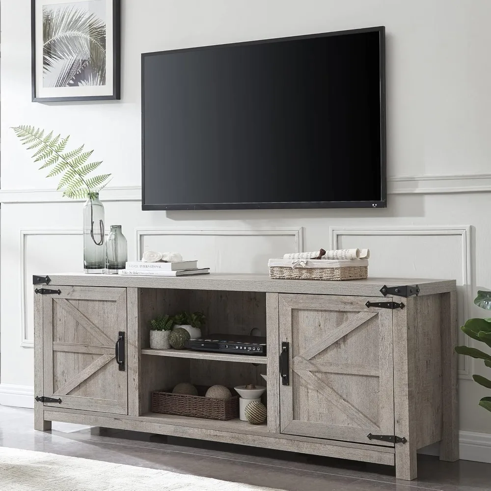 Farmhouse TV Stand for TVs Up to 75 inches, Wood Barn Door Media Television Console Table with Storage Cabinets