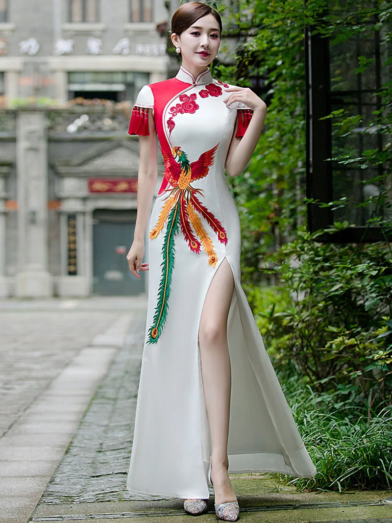 

High-end Women Long Cheongsam Fishtail Dress Phoenix Embroidery Vintage Wedding Formal Dress Show Costumes Traditional Qipao