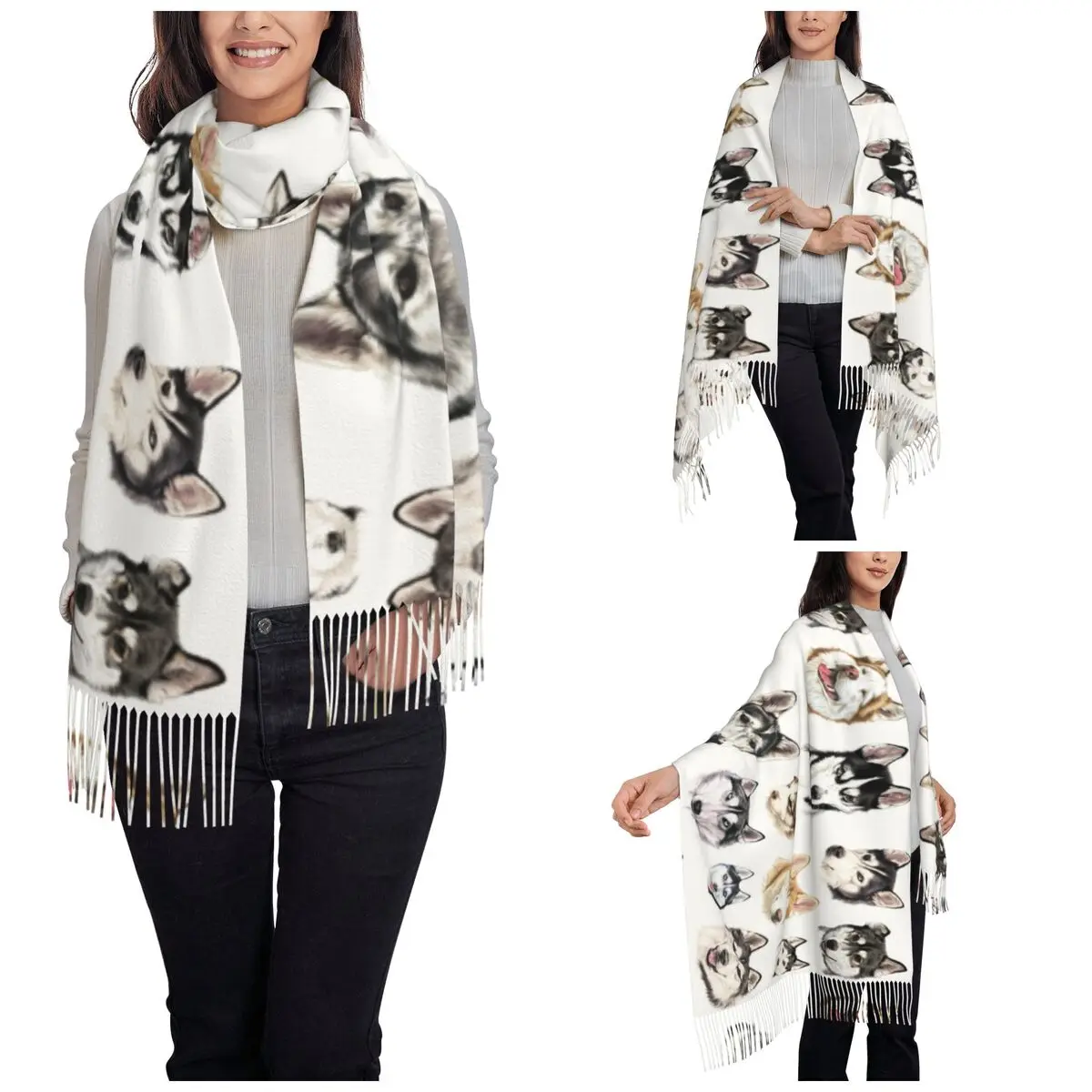 Husky Siberian Scarf Women Winter Fall Pashmina Shawl Wrap 3D Animal Dog Lovely Cool Long Large Shawl Scarf for Evening Dress