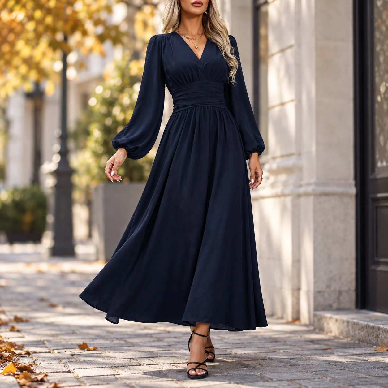 V Neck a Line Dress with Refined Commuter Maxi Length High Waist Lantern Sleeve Long Sleeve Crinkled Pullover Autumn Women Dress