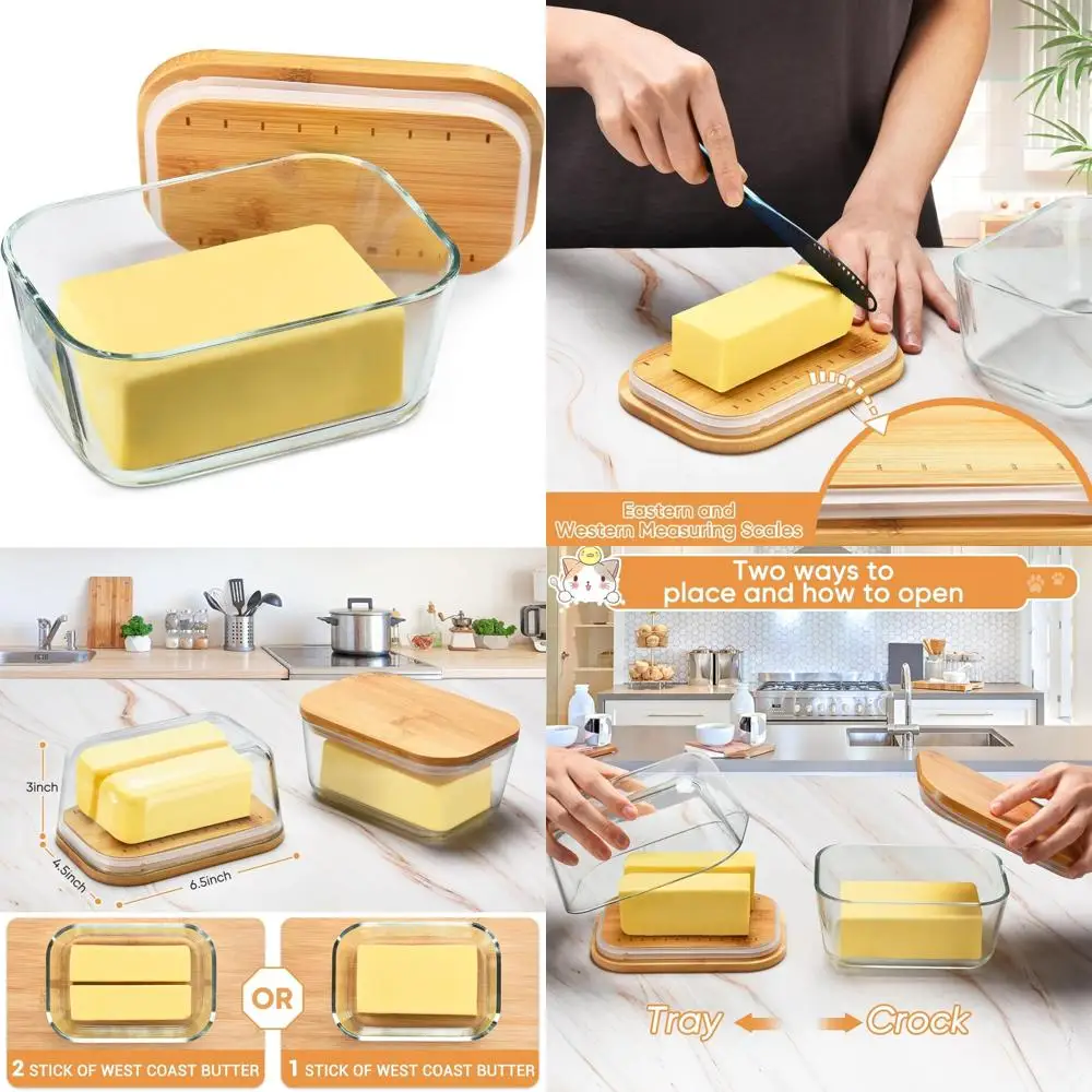 

glass butter dish with sealed lid - large tray for refrigerator and outdoor use - dishwasher safe