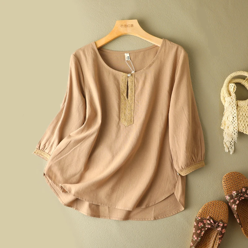 

Чистый цвет с вышивкой из хлопка и льна, асимметричное летнее женское белье большого размера с круглыми льняными пуговицами Seven Sve...