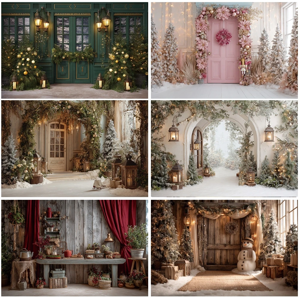 

MOON.QG Elegant Snowy Entrance Photographic Background Cottages Christmas Doors Backdrop Accessories Props Family Photobooth