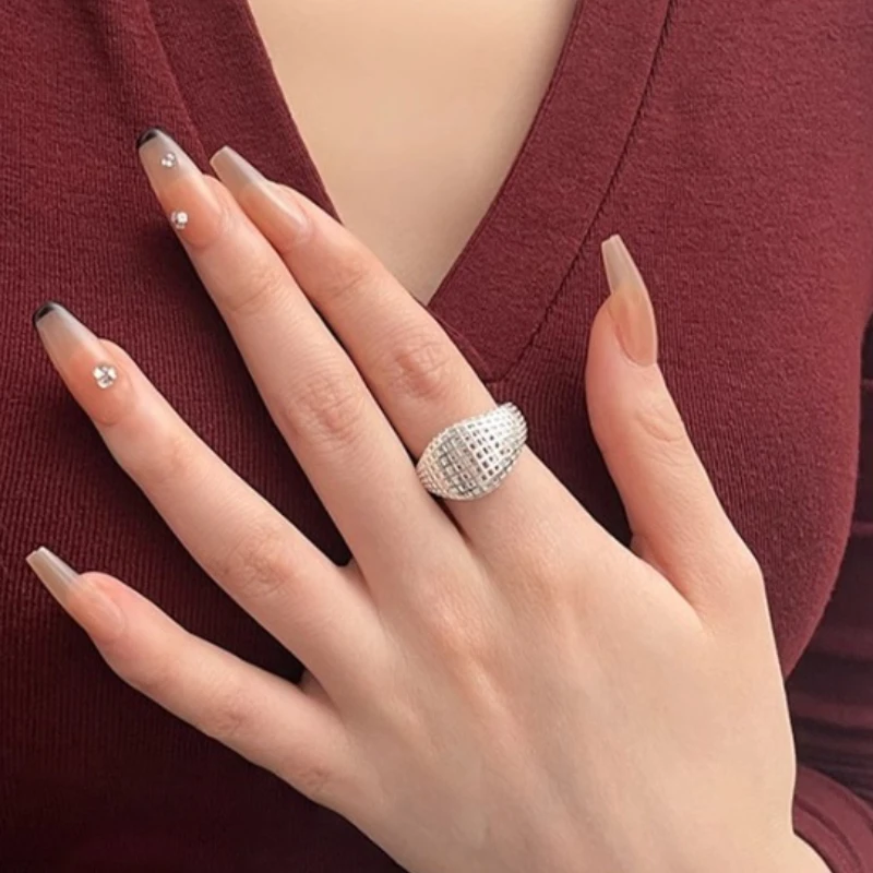 

925 Sterling Silver Geometry Square Hollow Mesh Bread Wide Adjustable Opening Ring for Women Fine Jewelry Minimalist Accessories