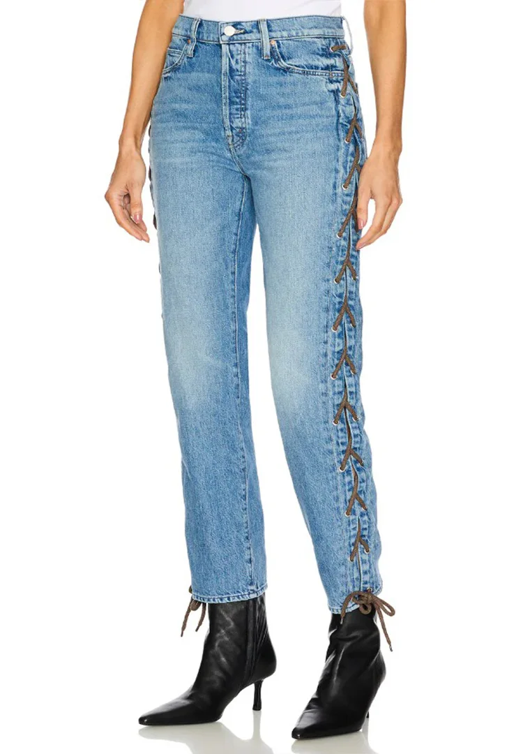 Modieuze, lichtblauwe, casual damesjeans met veters en lage stretch, slim-fit negenpunts rechte jeans