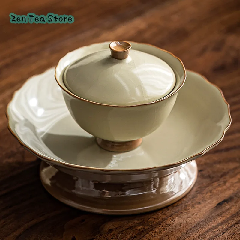 Cream-yellow Ru Kiln Tea Cover Bowl High Foot Single Ceramic Home Open Piece Ice Crack Zen Dry Foam Lotus Pot Bearing Tea Set