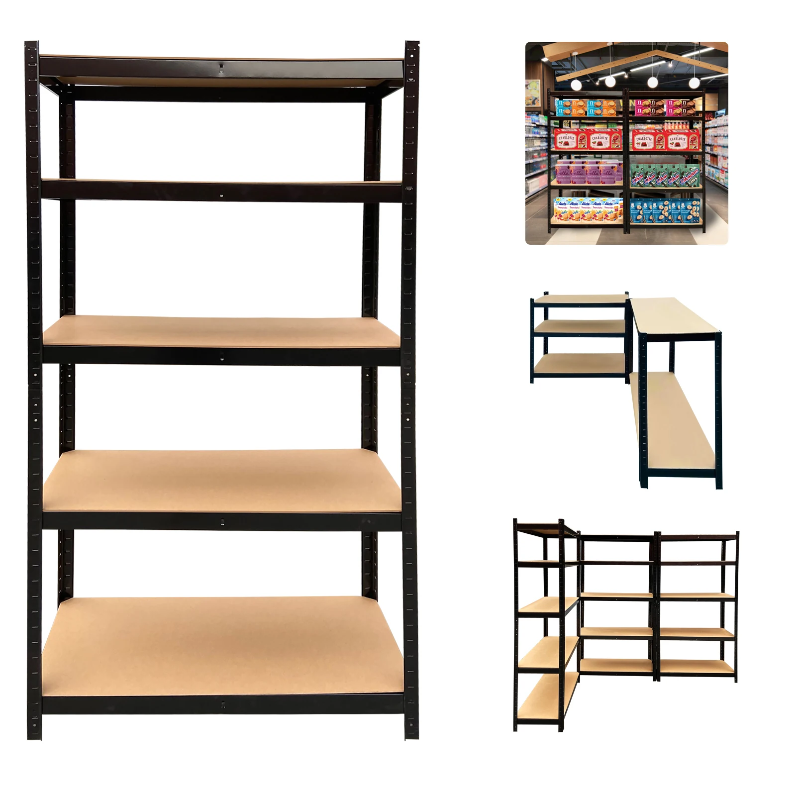 وحدة رفوف 150 سم/180 سم، أرفف تخزين الأرفف المعدنية 5 طبقات وحدة تخزين المرآب بدون مسامير للمرآب والحظائر