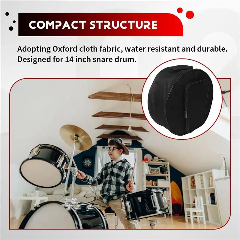 ABUE-2X Compact Snare Drum Bag Backpack Case With Shoulder Strap Outside Pockets Musical Instrument Accessory Black 40X18cm