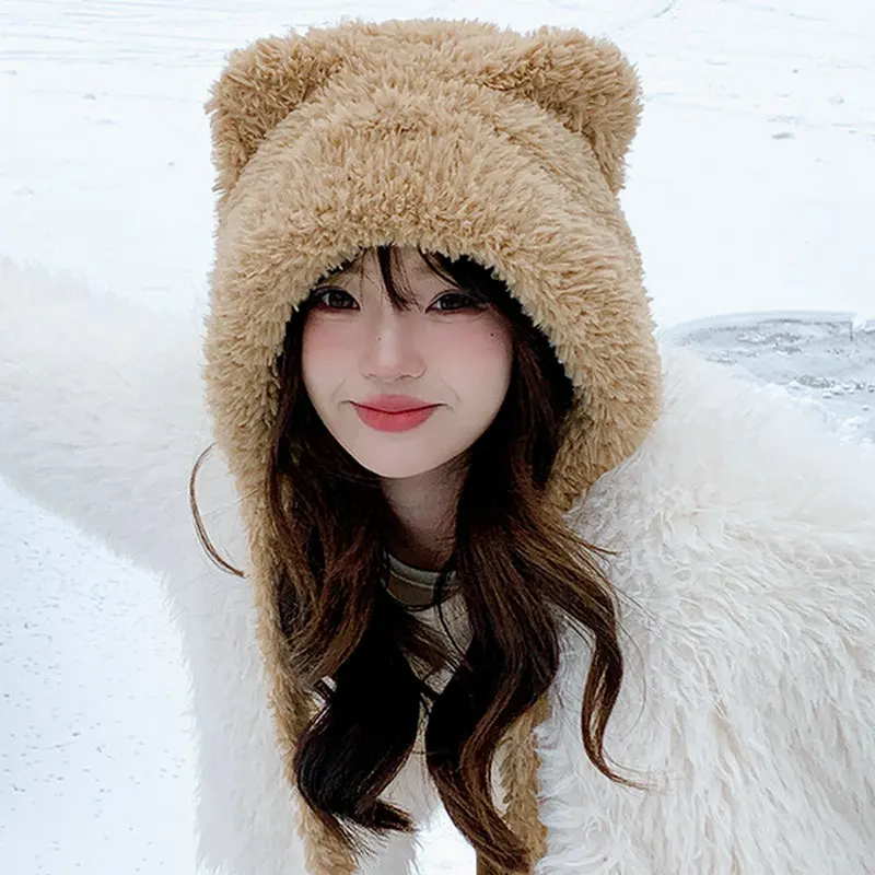 

Winter Cute Little Bear Ear Knitted Warm Beanie Hat Woman Girl Windproof Thickened Warm Ear Protection Faux Fur Pullover Hats