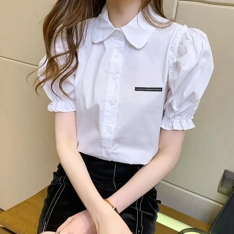 

Korean Version Solid Color Simplicity Commuter Versatile Top Fashion Buttons POLO Neck Short Sleeve Temperament Chiffon Shirt