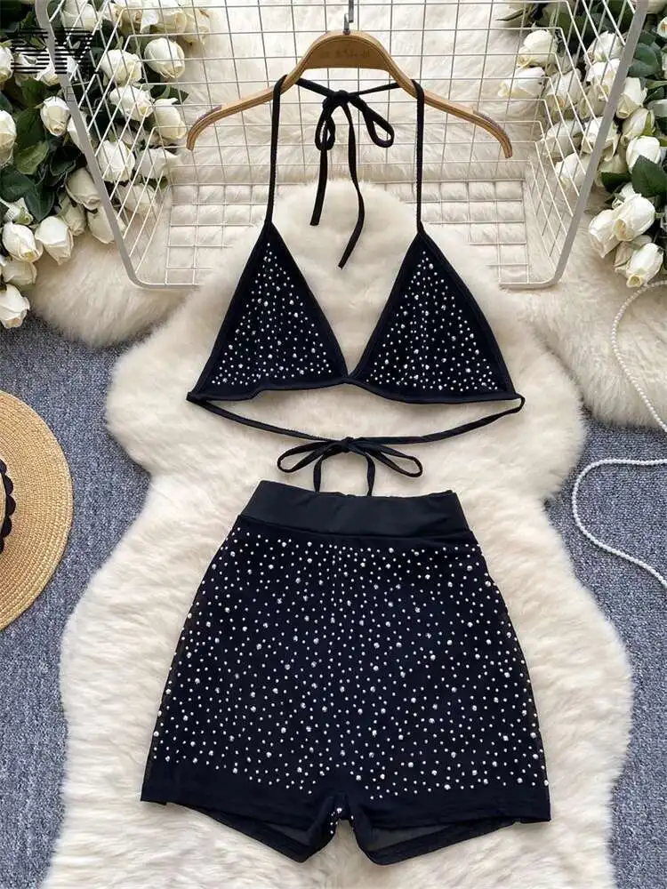 

BabYoung Sexy Beading Beach Two Piece Set Women Halter Lace Up Camisole Elastic Waist Shorts 2024 Newest Bodycon Hot 2Pcs Suit