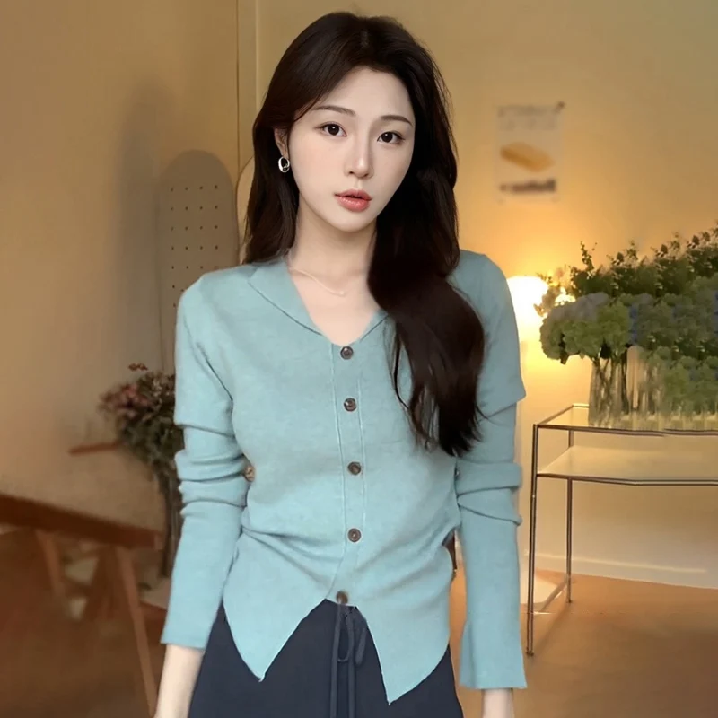 Solid Colour Pullover Knitted Long Sleeves Women's Tops Korean Version Sweet Simplicity Breastplate Split Sweater