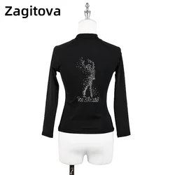 Figure Skating T Shirt Tops for Girl Women Adult Training Ice Skating Gymnastics Pullover Long Sleeve Diamond Skating Pattern