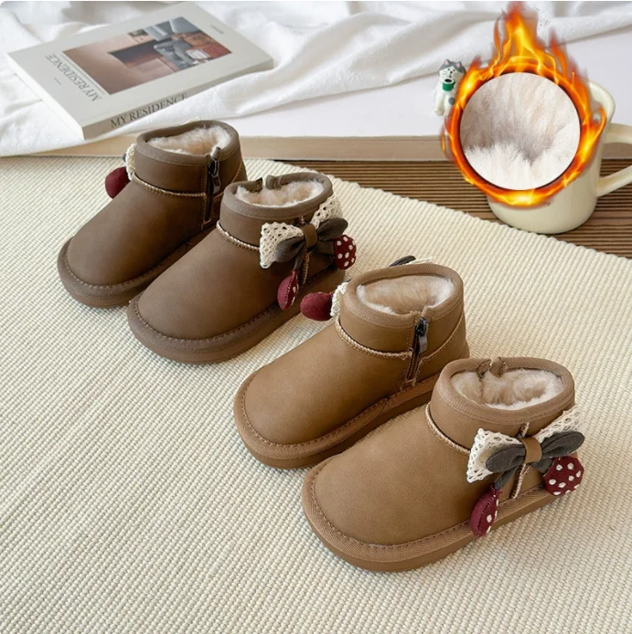 

Милые хлопковые сапоги с вишневым бантом для девочек, зимние морозостойкие детские бархатные утолщенные нескользящие водонепроницаемые зимние ботинки, обувь