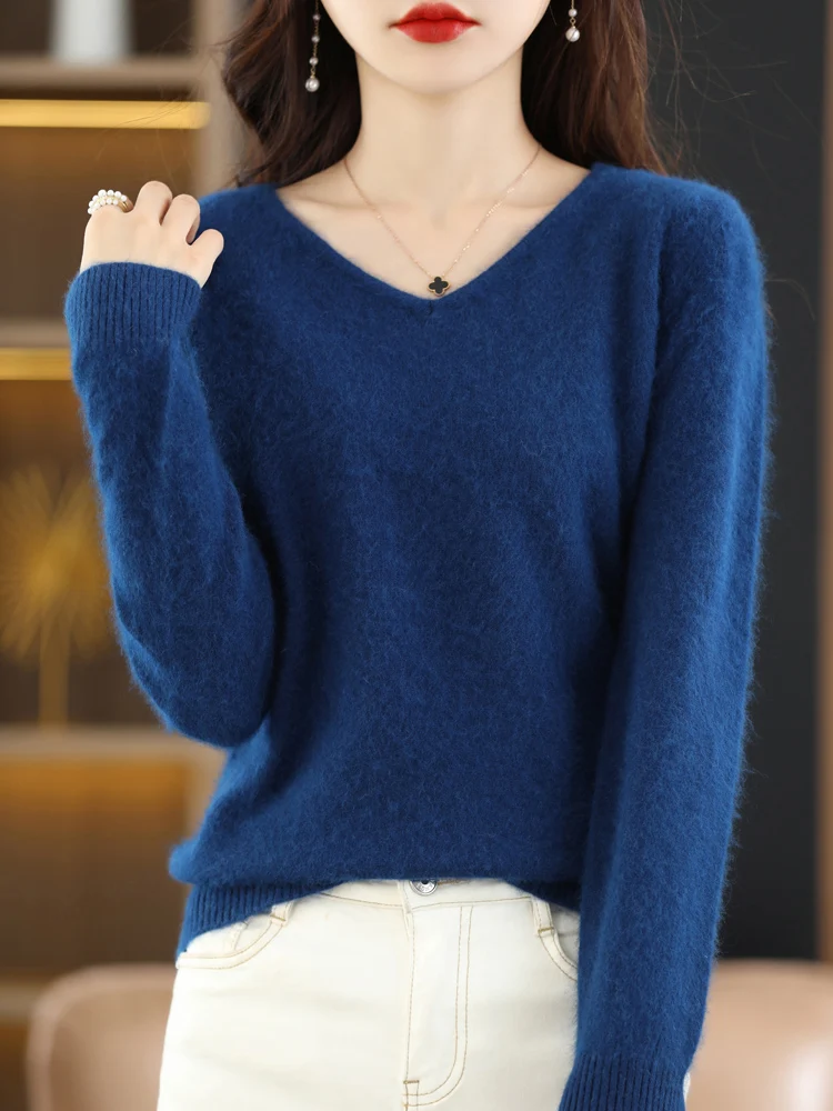 LHZSYY Super Warm 100% Mink Cashmere Women Sweaters V-Neck And Pullovers Winter High Elasticity Soft Tops Casual Basic Jumper