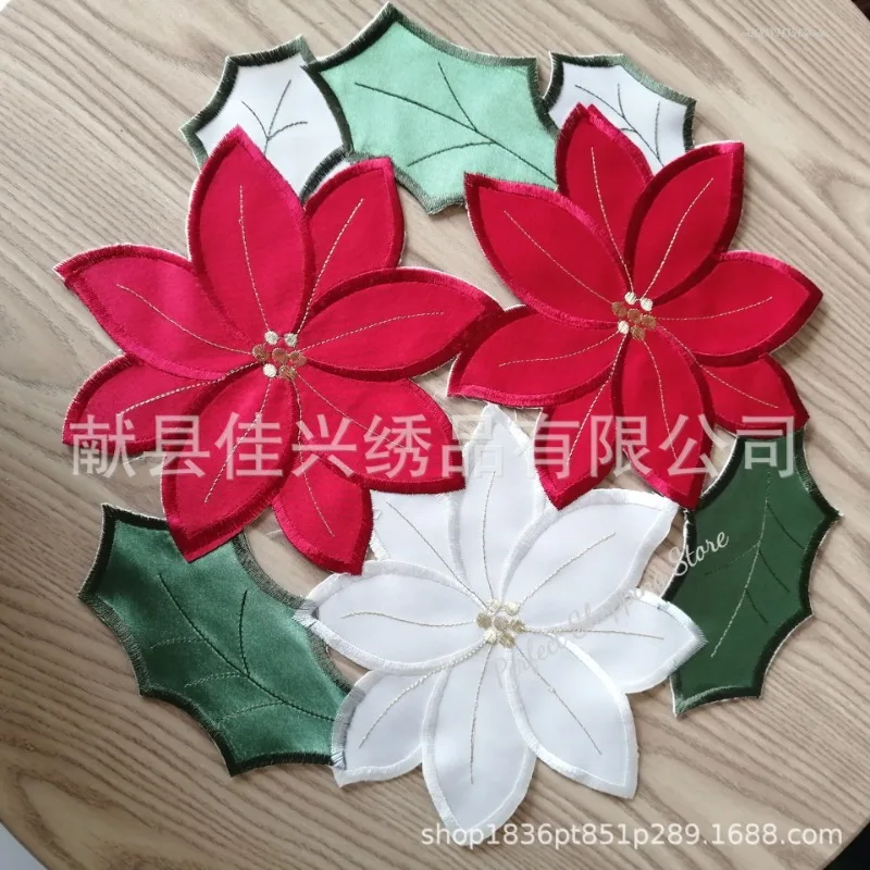 Poinsettia Table Runner Christmas Placemat Insulation Pad Holly Leaf Mat Versatile Gift Scald Proof Red Fruits Linen Plus Sponge