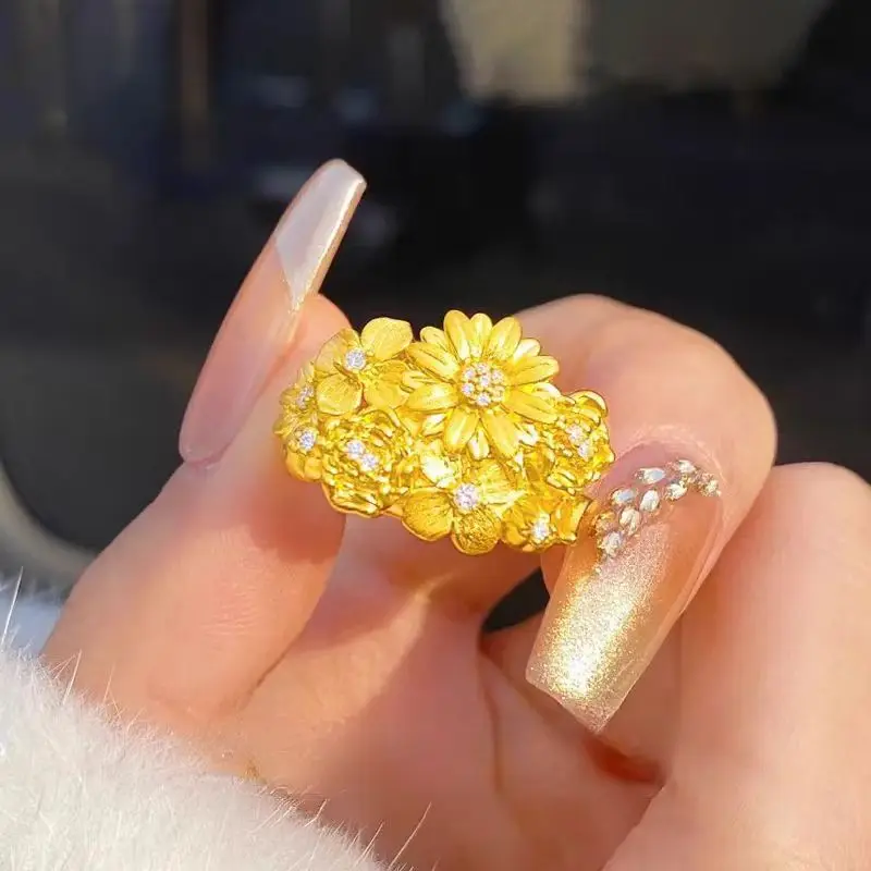 

Женское открытое кольцо из 24-каратного золота AU999 с хрустальной вставкой и букетом ромашки | 3D-полый дизайн с регулируемым титаном, острый для повседневного образа