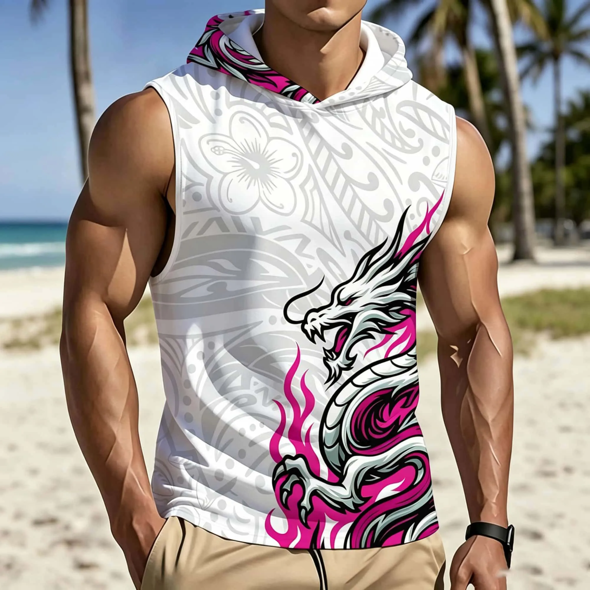 Herrenmode, traditionelles ärmelloses Tank-Top mit Drachen- und Blumenmuster, elastisch, für Fitness, Workout, Strand, Training, Straßensport, Weste – Detail 3