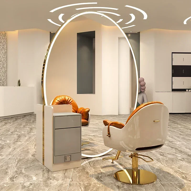 Luxury oval salon full-length mirror led light double sided saloon styling barber station mirrors with storage cabinet