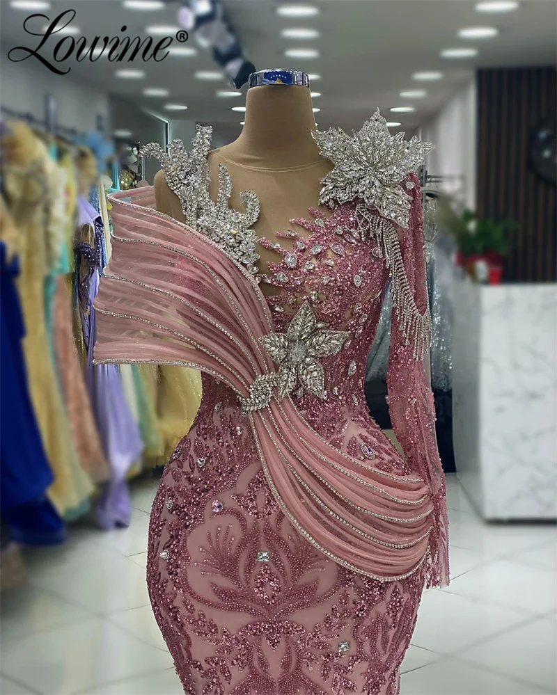 Robe Soirée Femme Mermaid Pink Prom Dress Long Sleeve Luxury Wedding Party Dresses For Women Arabic Dubai Evening Gown Customize