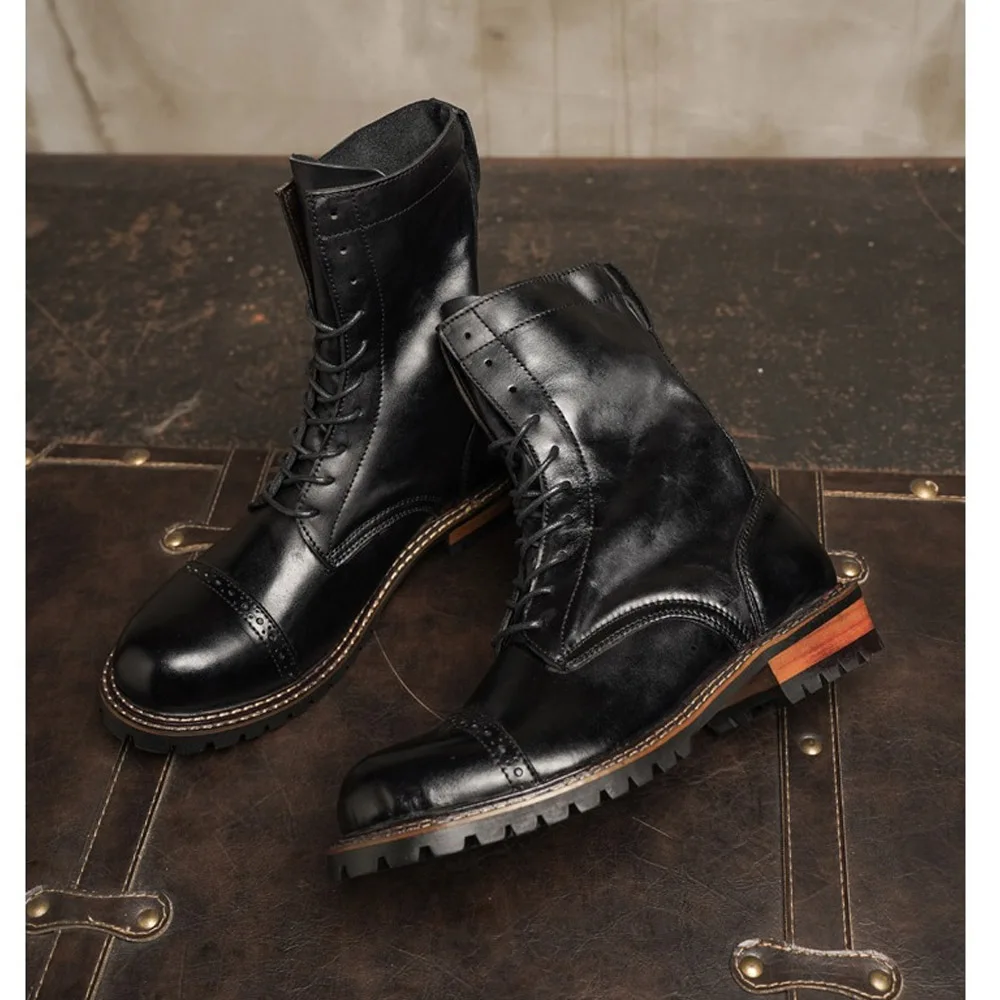 

Fashion Men's Genuine Leather Riding Boots Brogue Shoes Retro High Round Toe Mid-calf Western Chelsea Boots Black Lace-up