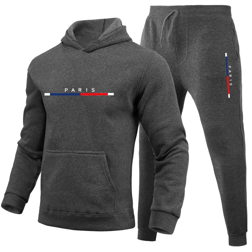 Paris Print, Men\'s 2Pcs Outfits, Casual Hoodies Long Sleeve Pullover Hooded Sweatshirt and Sweatpants Joggers Set for Spring Fal
