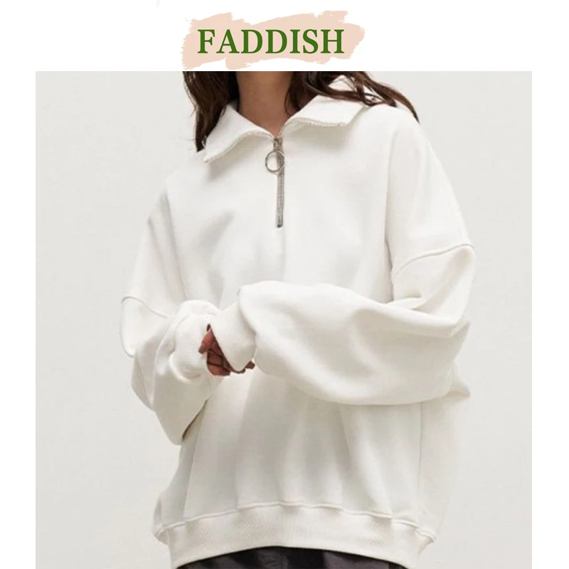 FADDISH 2024 Autumn Winter Women Fashion Loose Zipper Hoodie & Swaetshirts Female Solid Color Casual Long Sleeve Tops Pullovers