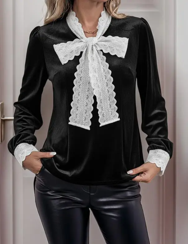 2026 Elegant New Fashion Casual Blouses Autumn and Winter Top Retro Splicing Lace Collar Long Sleeve Bow Velvet Shirt for Women