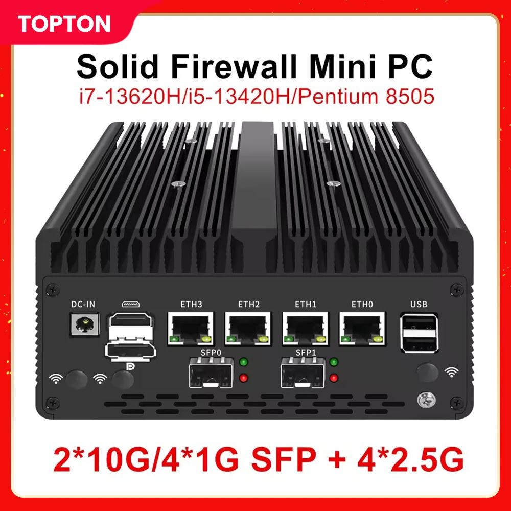 Topton Solid Firewall Computer Intel i7 13620H i5 13420H 8505 4*2.5G Nics 2*10G or 4*1G SFP 2*DDR5 NVMe Industrial Mini PC Host