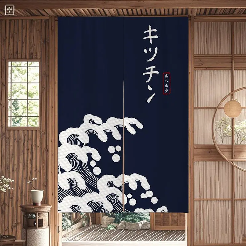 Japanese Style Ukiyo-e Wave Curtain Kanagawa Surfing And Wind Half Curtain No Punching for Home Decor Door Curtain
