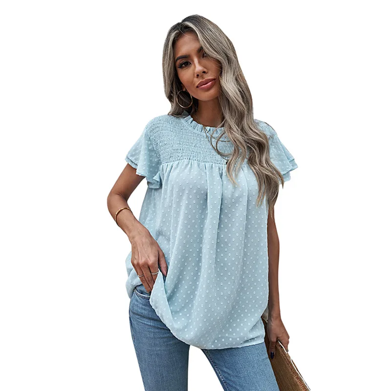 

Women T-Shirt Summer New Solid Lace Round Neck Jacquard Weave Short Sleeve Tees Casual Tops