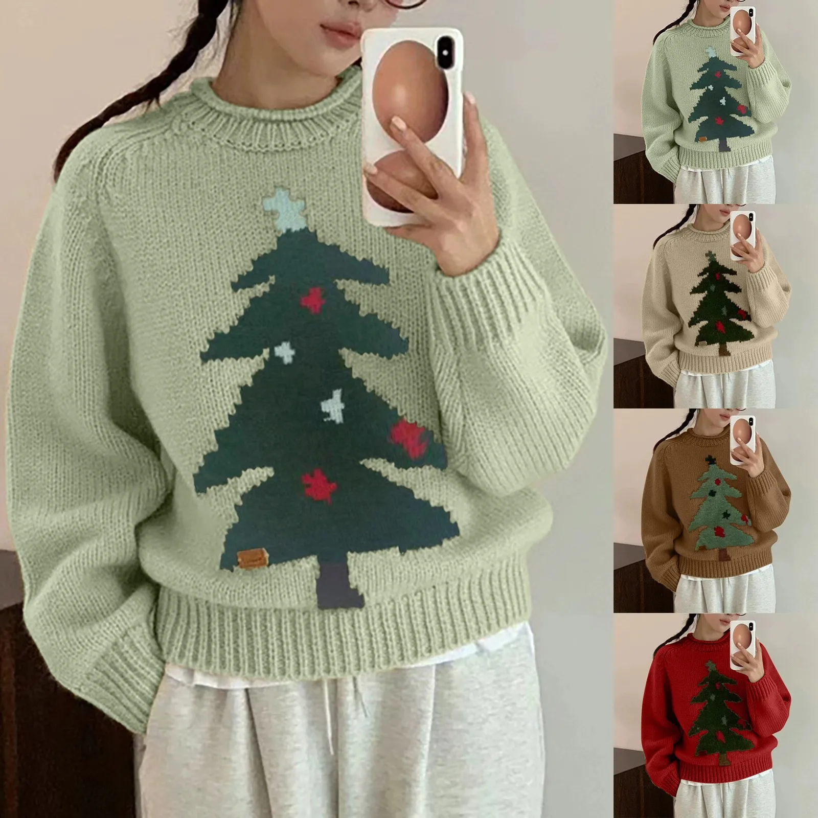 New Year Women\'s Christmas Tree Knit Warm Sweater Long Sleeve Round Neck Pullover 2024 Autumn Winter Lady Holiday Clothes ﻿