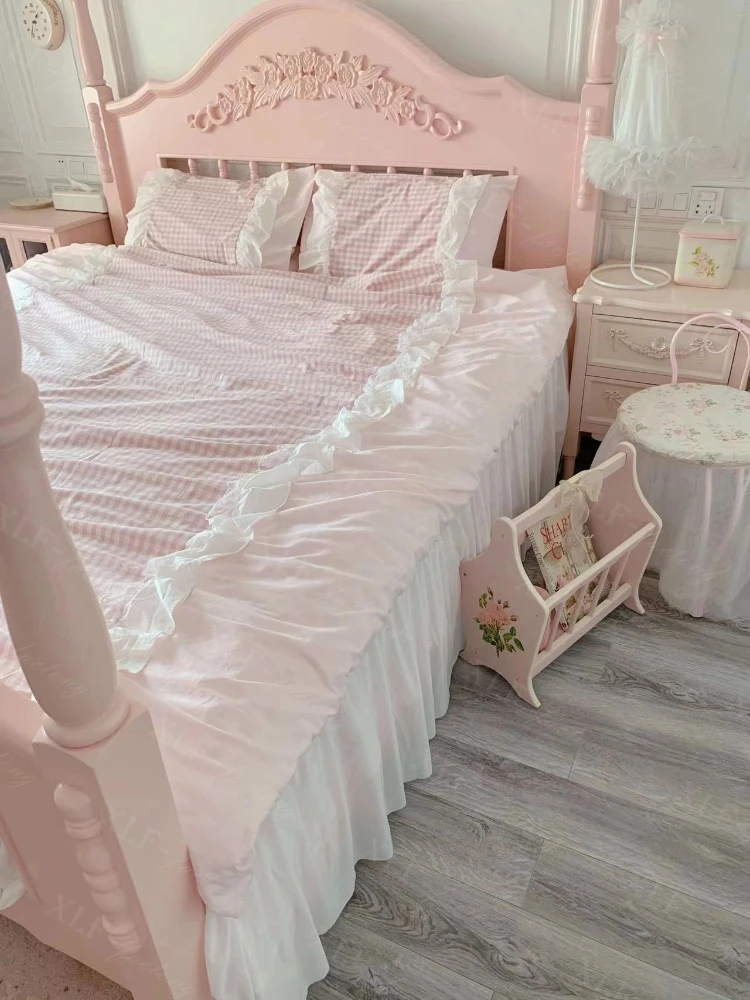 French Court Solid Wood Princess Bed European Fashion Simple Children's Room Pink Daughter Bed 1.5 M 1.8 M Double