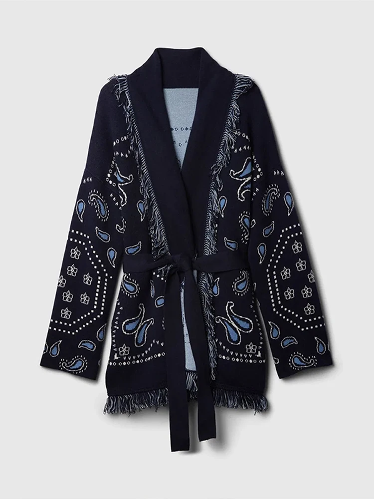 Vintage Tassels Print Women's Print Cardigan V-Neck Lace Up Full Sleeve Spliced Sweaters 2025 Autumn Lady All-match Kintwears