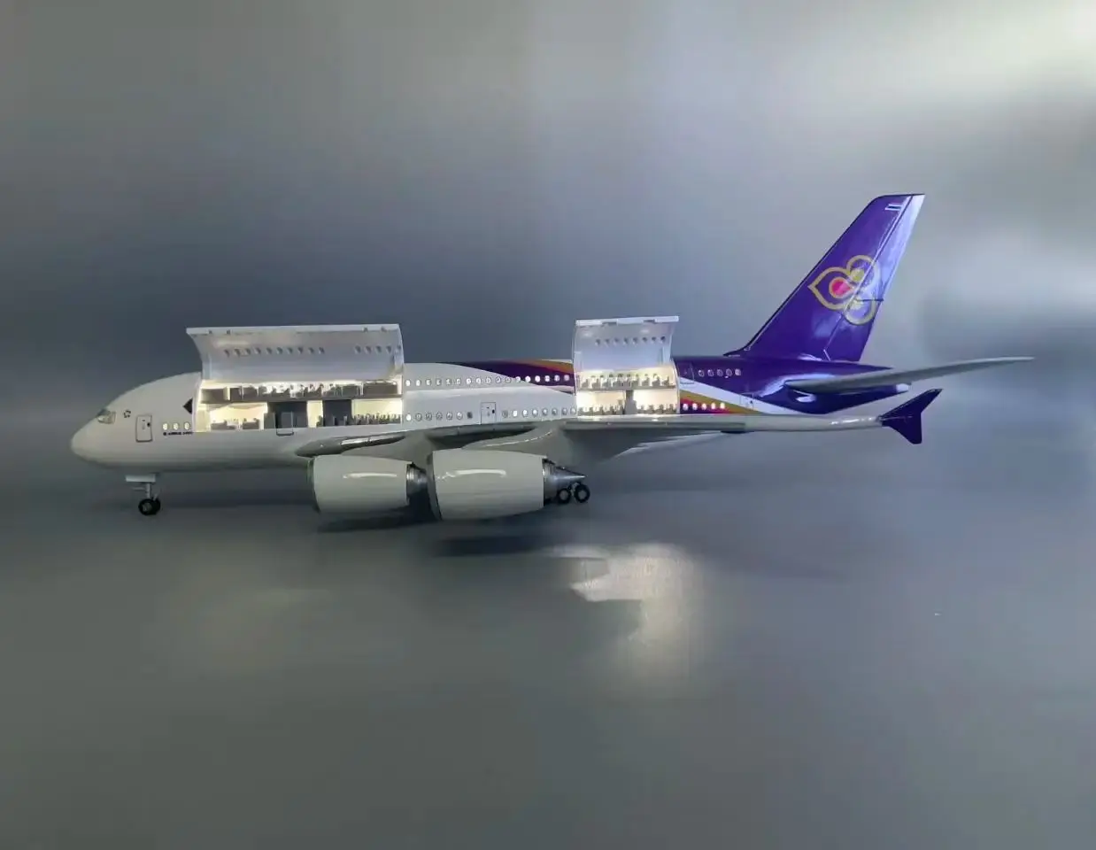 Opening Doors A380 THAI 1:160 Model 46CM Airplane With LED Light Desktop Display Aviation Home Enthusiasts Souvenir Plane