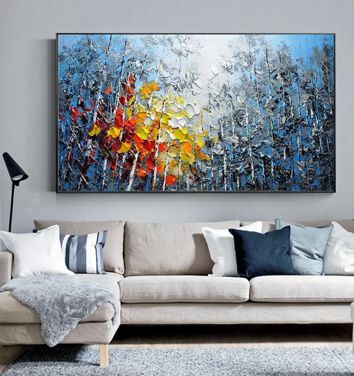 

Large Hand Painted Oil Painting On Canvas Blue Sky&Colorful Forest Painting Living Room Wall Art Handmade Heavy Textured Artwork